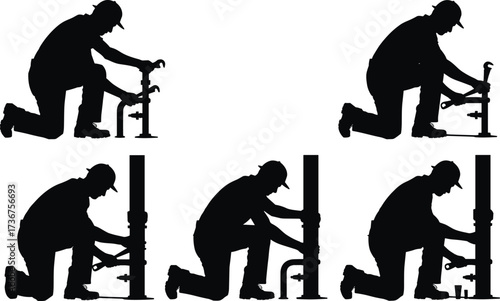 Silhouettes of construction workers fastening scaffolding supports, kneeling laborers assembling structure, construction site teamwork, building project assembly, industrial work illustration