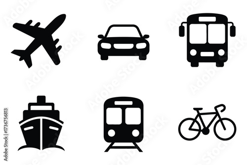 Collection of six simple black silhouette icons representing various modes of transportation and travel
