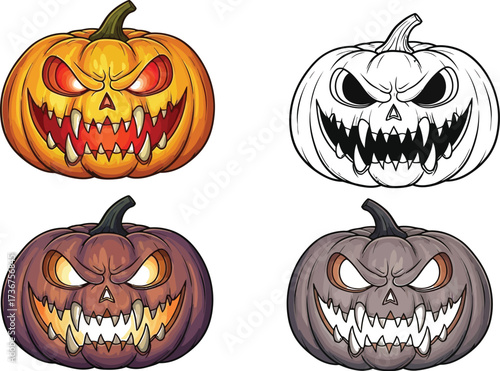 Spooky halloween pumpkins with scary faces for autumn holiday designs and decorations