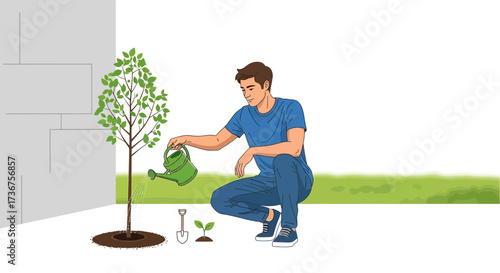 Man watering a tree illustration showing gardening and environmental care