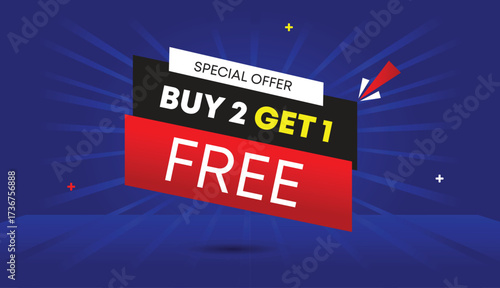 buy 2 get 1 free special offer editable web banner vector art template design badge icon label white black gray red gradient shapes dark blue light sun shine abstract business background sale
