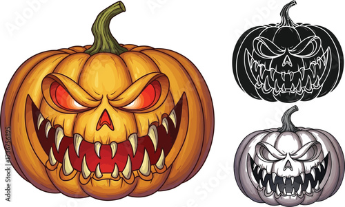 Spooky halloween pumpkin with scary face and sharp teeth for holiday decorations