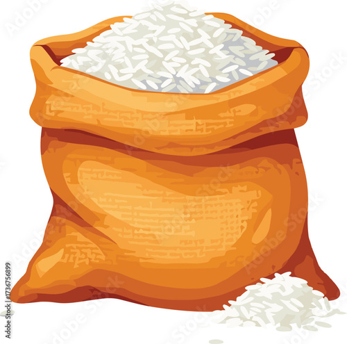 Rice sack illustration, white grains spilling, burlap texture, food storage concept, agricultural product, realistic vector, culinary ingredient, grain packaging design