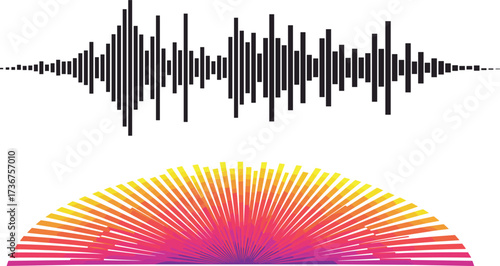 Abstract soundwave and radial burst illustration, audio waveform bars, colorful gradient lines, energy visualization, modern vector design, digital art concept