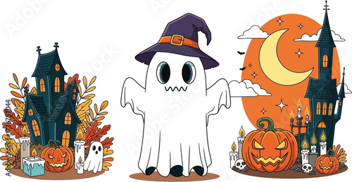 Spooky halloween cartoon illustration with haunted houses ghost and pumpkins for october fun