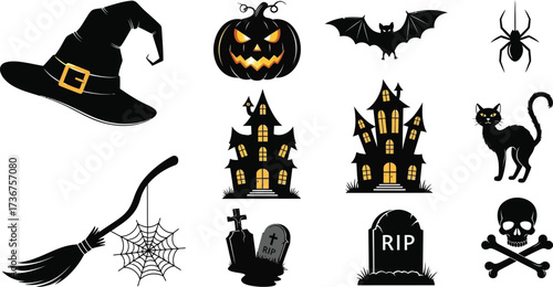 Spooky halloween silhouettes featuring haunted houses pumpkins bats and witch accessories