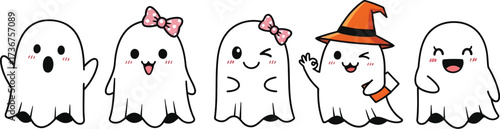 Adorable halloween ghosts cartoon characters with cute expressions for spooky season fun