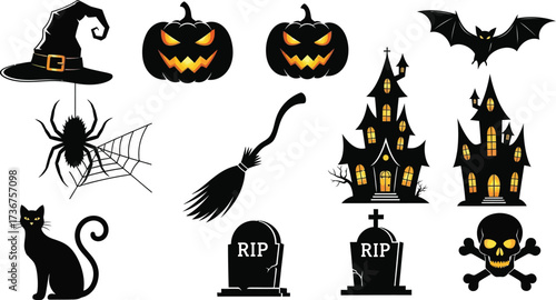 Spooky halloween silhouettes featuring pumpkins haunted houses and other scary elements