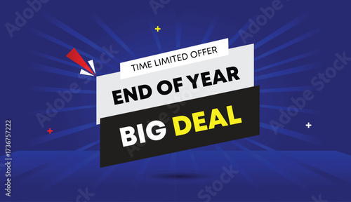 end of year big deal time limited offer editable web banner vector art template design badge icon label white gray black shapes dark blue light sun shine abstract business background creative modern