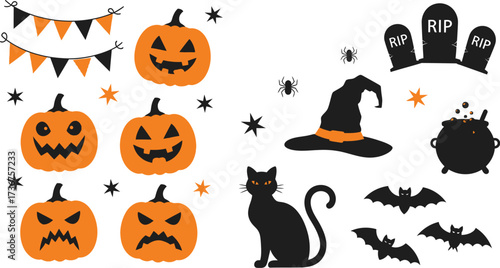 Spooky halloween vector illustration with pumpkins bats cat cauldron and witch hat