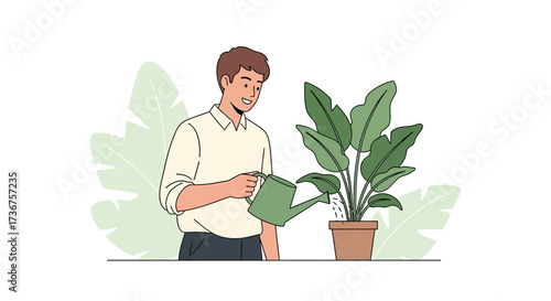 Man watering plants vector illustration, taking care of houseplant with a watering can