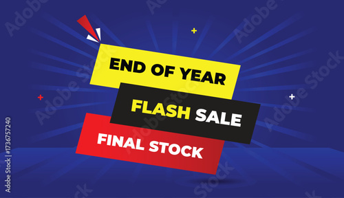 end of year final stock flash sale editable web banner vector art template design badge icon label yellow black gray red gradient shapes dark blue light sun shine abstract business background