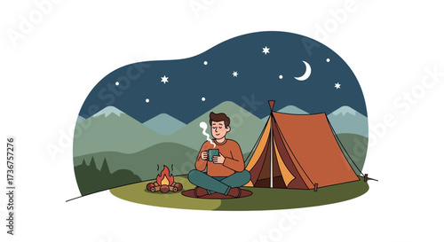 Man enjoying camping with a campfire, cup of tea under the starry night sky