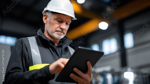 Focused Construction Worker in Hard Hat Engaged with Tablet Promoting Safety and Efficiency on Job Site Amidst Busy Urban Environment