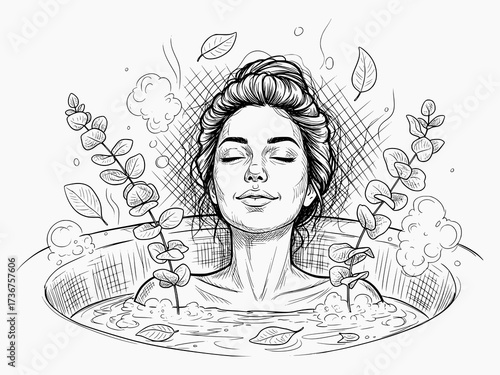Woman Relaxing in Bathtub with Eucalyptus - Black and White Sketch Vector Illustration for Wellness and Spa Design