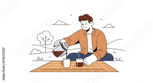 Man Enjoying Coffee Outdoors on a Picnic Blanket in a Relaxing Illustrated Scene