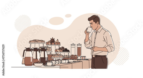 Man enjoying coffee near a breakfast buffet with fruits, pastries, and coffee options