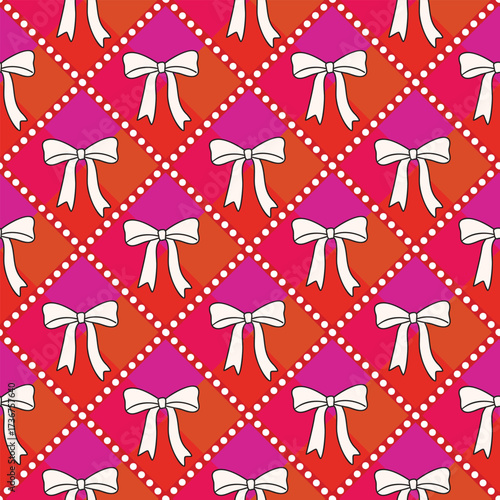 White bows seamless pattern. Geometric background of diamonds, diagonal stripes and dots. Pink and red colors. Print on fabric and paper. Vector design for textile, endless  wallpaper, cover.