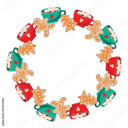 Gingerbread and cocoa with marshmallows frame. Gingerbread man and fir tree, hot drink in a cup. Christmas border of cartoon objects on white background. Green, red, beige colors. Vector  design.