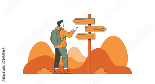 Man with backpack is choosing directions on a wooden signpost during a hiking trip