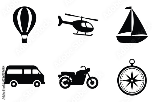 Collection of transportation and navigation icons hot air balloon helicopter sailboat van motorcycle compass