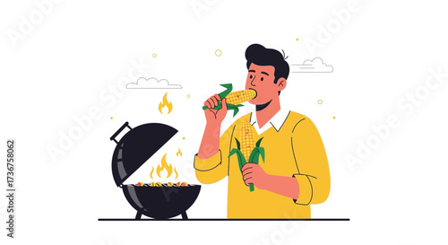 Man Enjoying Grilled Corn on the Cob, Summer Picnic, Barbecue, Flat Illustration