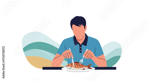 Man Enjoying Grilled Fish: A Culinary Moment With a Flat Design Style