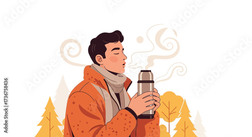 Man enjoying hot drink from insulated thermos, cozy winter atmosphere, vector illustration