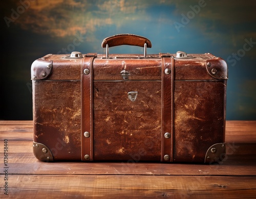 well traveled vintage leather suitcase with worn patina on a wooden table