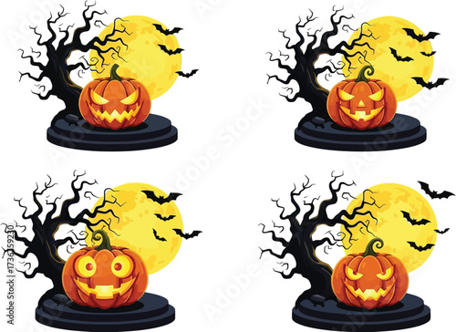 Spooky halloween pumpkins with bats flying in front of a full moon background pattern