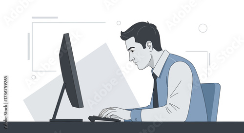 Man working on a computer, typing and focused on the monitor, office work style