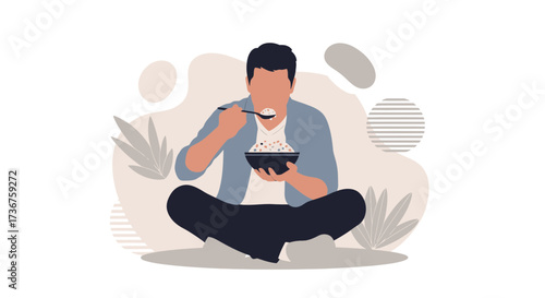 Man Enjoying Meal While Relaxing in Lotus Position and Eating Food