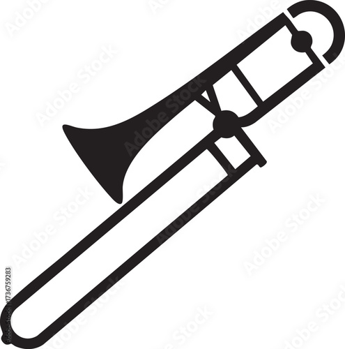 A simple black silhouette of a trombone musical instrument isolated on white background