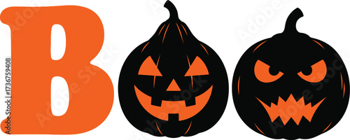 Spooky halloween boo illustration with pumpkins and an orange letter on a white background