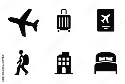 Travel icons set airplane luggage passport person hotel bed simple silhouettes for tourism