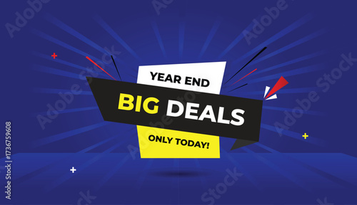 year end big deals only today web banner vector art template design badge icon label black gray yellow white shapes dark blue light sun shine abstract business background modern creative sale promo