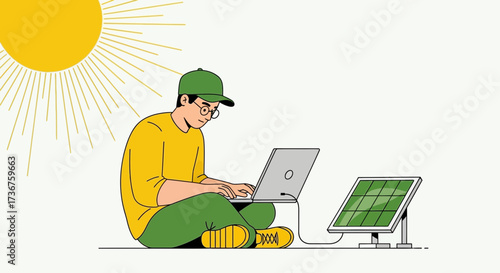 Man working on a laptop powered by solar panel energy, eco-friendly technology