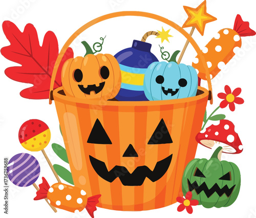 Adorable halloween candy bucket filled with pumpkins candy and a bomb illustration