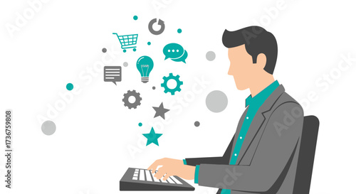 Man working on computer generating ideas innovation business and marketing workflow concept illustration