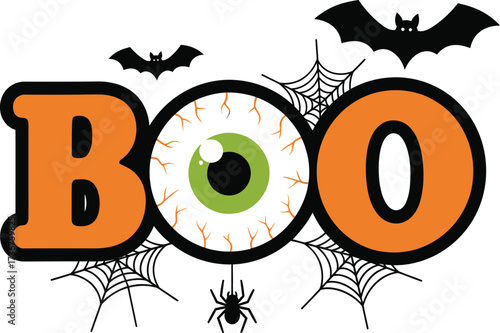 Spooky halloween boo design with bats spiderwebs and a creepy eyeball illustration