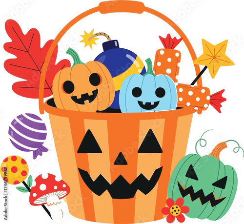 Adorable halloween basket filled with pumpkins and candy for trick or treating fun