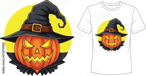 Spooky halloween pumpkin wearing a witch hat graphic for t shirt design template