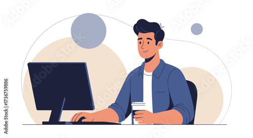 Man working on computer with coffee cup in modern flat illustration design style
