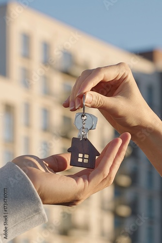 Close up of female real estate agent handing over house key with home shaped keychain to young man in front of modern apartment building. Both are satisfied, first home and successful deal.