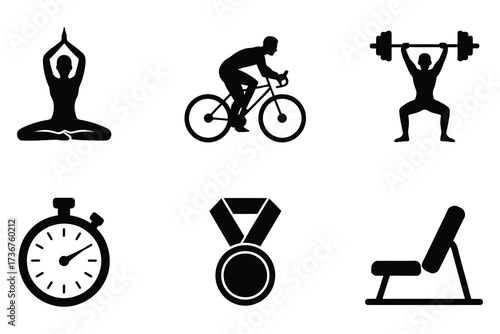 Diverse fitness and sports icons set for health and wellness concepts