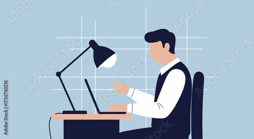 Man working on laptop at a desk with a lamp modern flat vector illustration