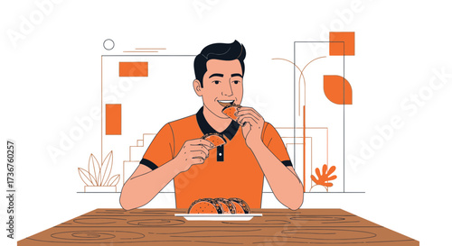 Man Enjoying Savory Tacos at Restaurant, Colorful Simplified Illustrated Diet Concept