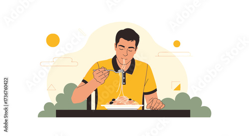 Man Enjoying Spaghetti Meal, Illustration Showing Dinner, Healthy Eating Lifestyle Concept