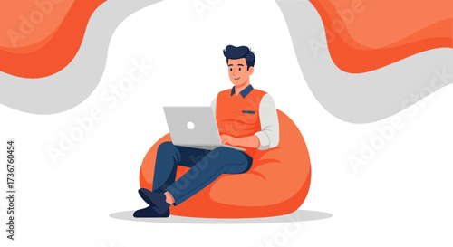 Man working on laptop sitting on a beanbag with an orange and white background