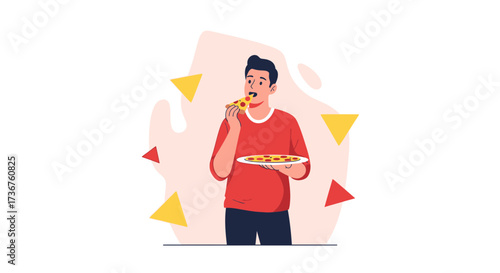 Man Enjoys Eating Pizza, Illustration Featuring Triangular Shapes and Delicious Food